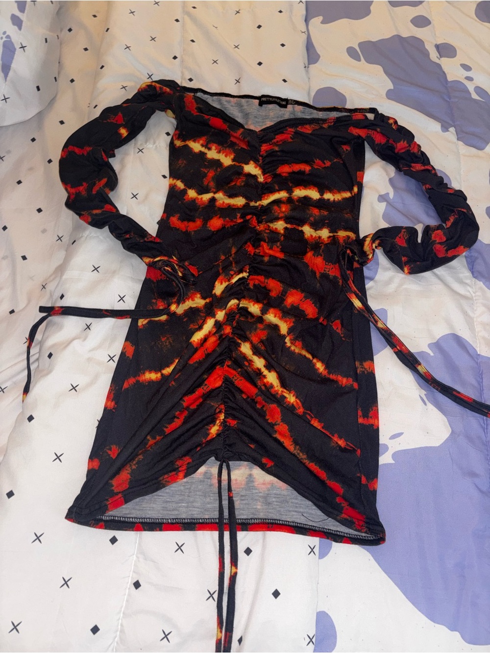 PrettyLittleThing Black Red & Orange Ruched Off-Shoulder Mini Dress
